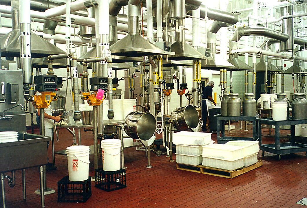 Industrial confectionery equipment on the production floor of the Russel Stover facility