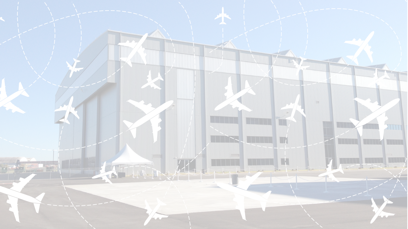 Airplane hangar with airplane graphic overlay